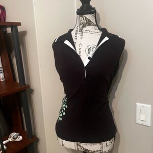 Sleeveless Black Polo Tank with Mint Dot Accent